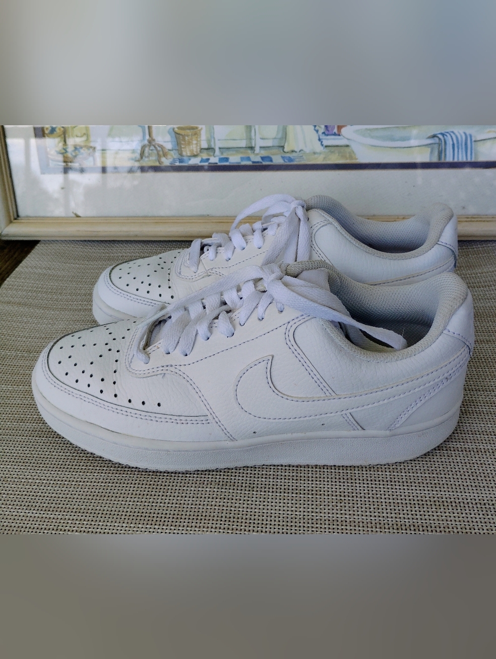 Nike "Court Vision Low" Triple White Leather Court/Casual Sneakers. Size 7.5